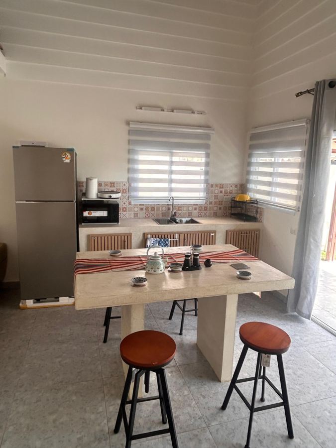 Kitchen with fridge, microwave, induction hob and sink
